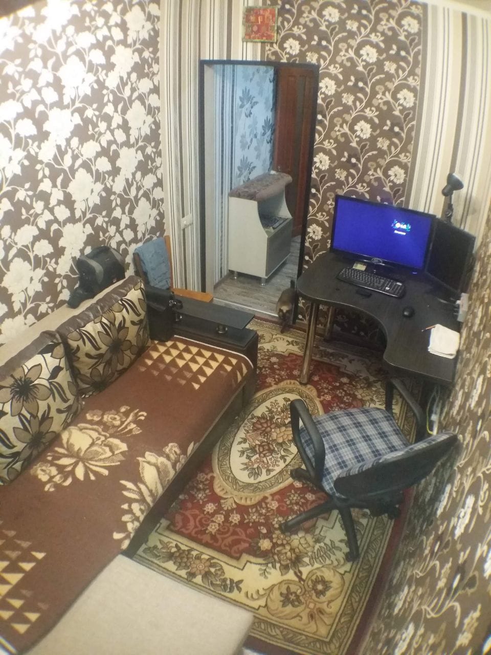 A small room features patterned wallpaper in brown tones, with a floral design. A patterned sofa with bold colors sits adjacent to a desk area equipped with a computer monitor and keyboard. A colorful area rug adds warmth beneath a black office chair.