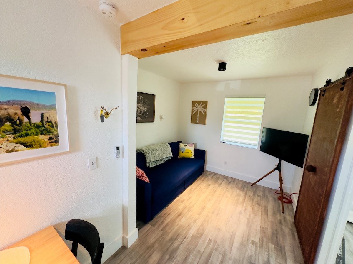 ספה נפתחת בגודל קווין סייז, טלוויזיה חכמה בגודל 43אינץ ', דלת אסם בהתאמה אישית.