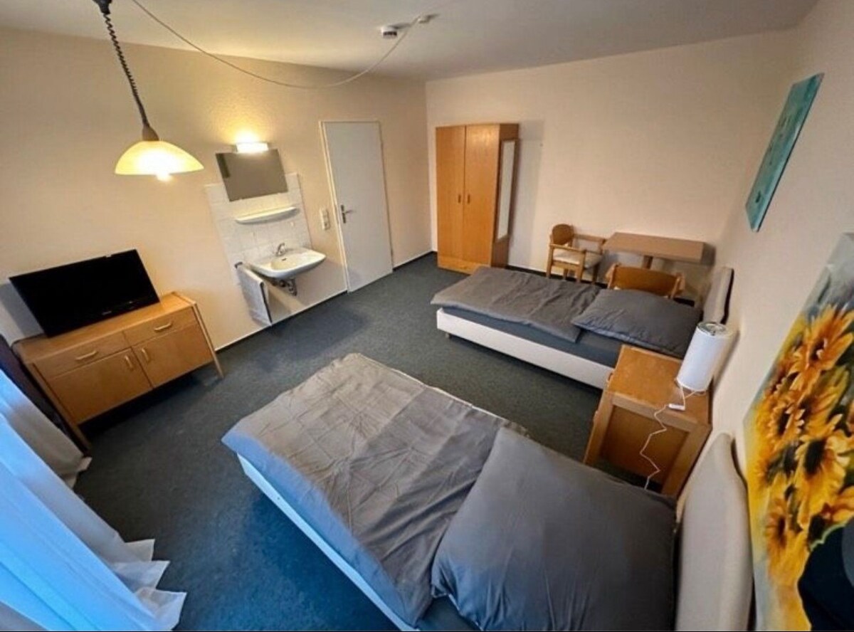 The image features a well-lit room containing two spacious beds with neutral bedding. A small dining table and chair are visible, along with a wardrobe and a television. A sink is mounted on the wall, and a piece of artwork adds a touch of color to the space.