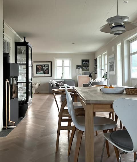 Large house with a meadow in a fun environment.