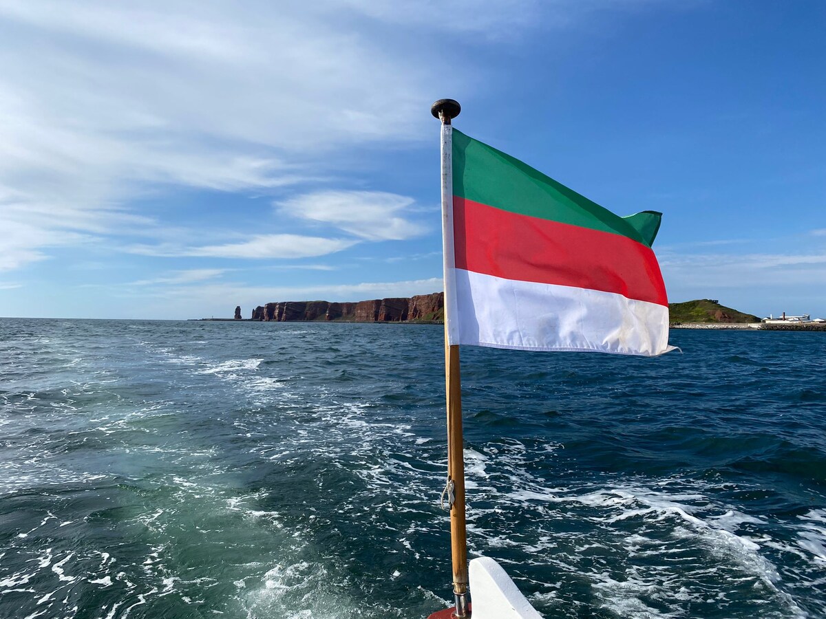A boat's flag, featuring red, white, and green horizontal stripes, flutters in the breeze. The background showcases a rugged coastline against a clear blue sky, with gentle waves creating a path behind the vessel.