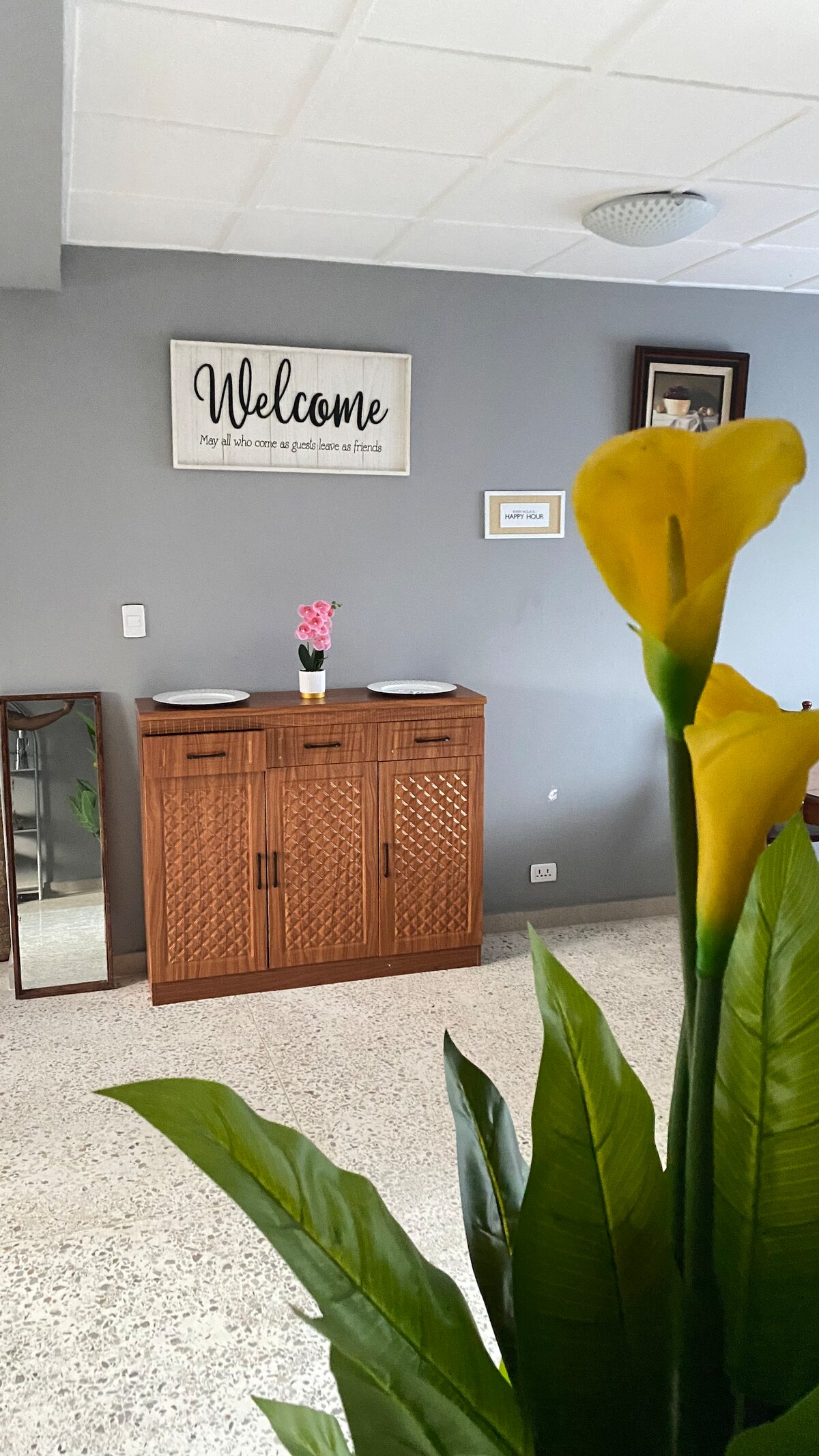 A welcoming entryway is highlighted by a wooden sideboard, adorned with two plates and a vase containing pink flowers. A full-length mirror reflects the space, while green foliage in the foreground adds a touch of freshness to the atmosphere.