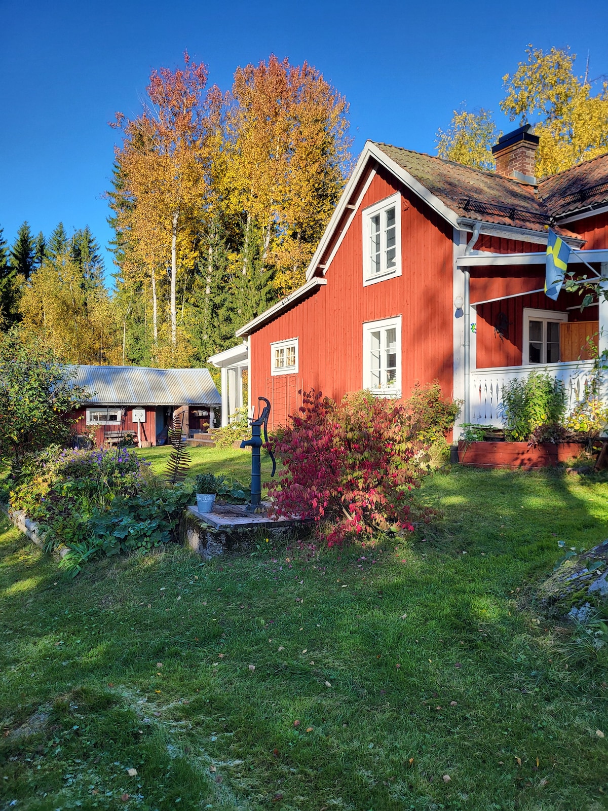 A charming red house is surrounded by lush greenery and colorful autumn foliage. A rustic well is positioned in the foreground, and a smaller structure can be seen to the left. The sunny blue sky enhances the inviting atmosphere of the outdoor space.