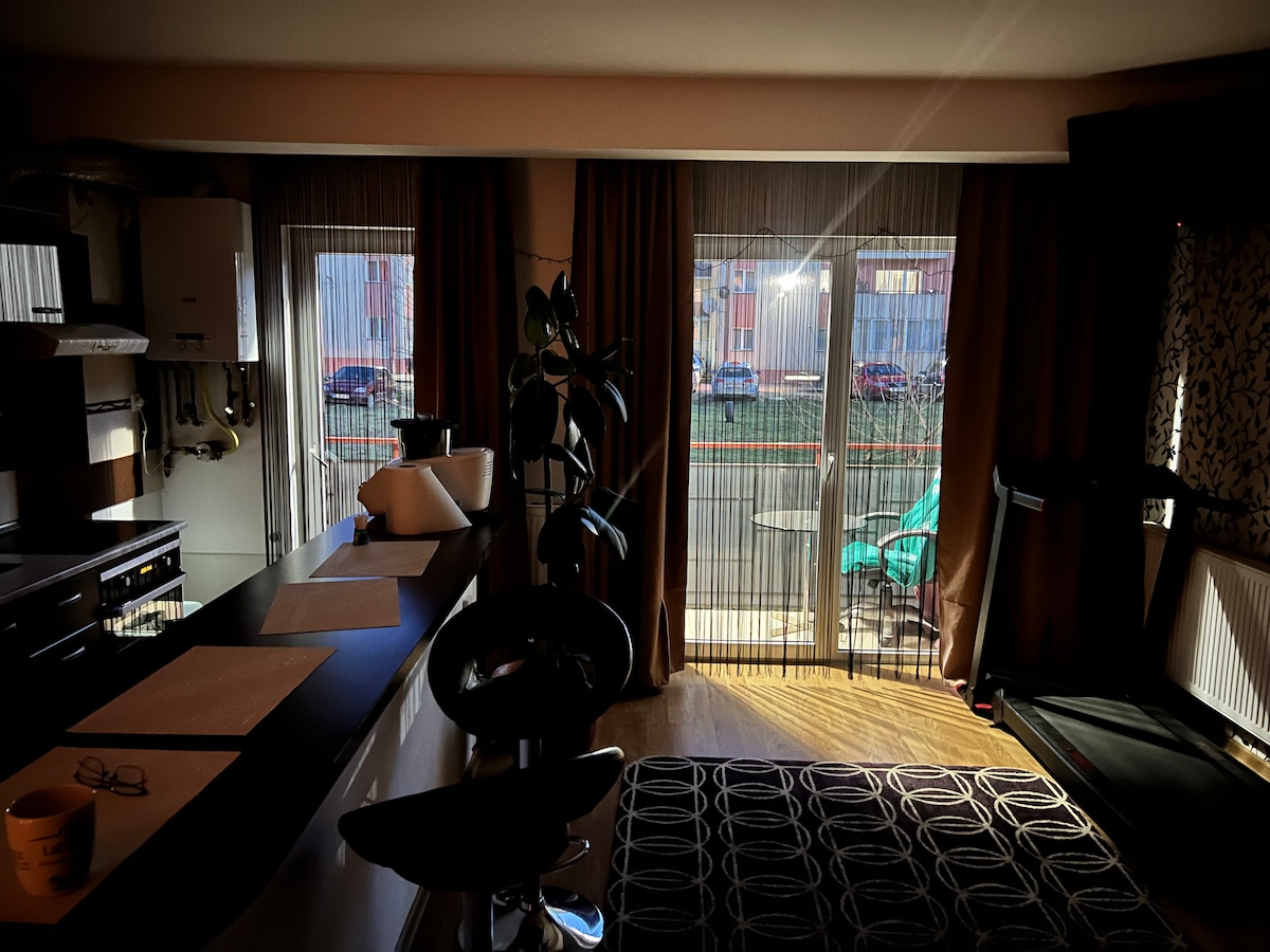 An inviting open space features a sleek kitchen area with a breakfast bar. Large glass doors allow natural light to flow in, leading to the balcony that overlooks green foliage. A treadmill and exercise tower are visible in the corner, enhancing the functional layout.