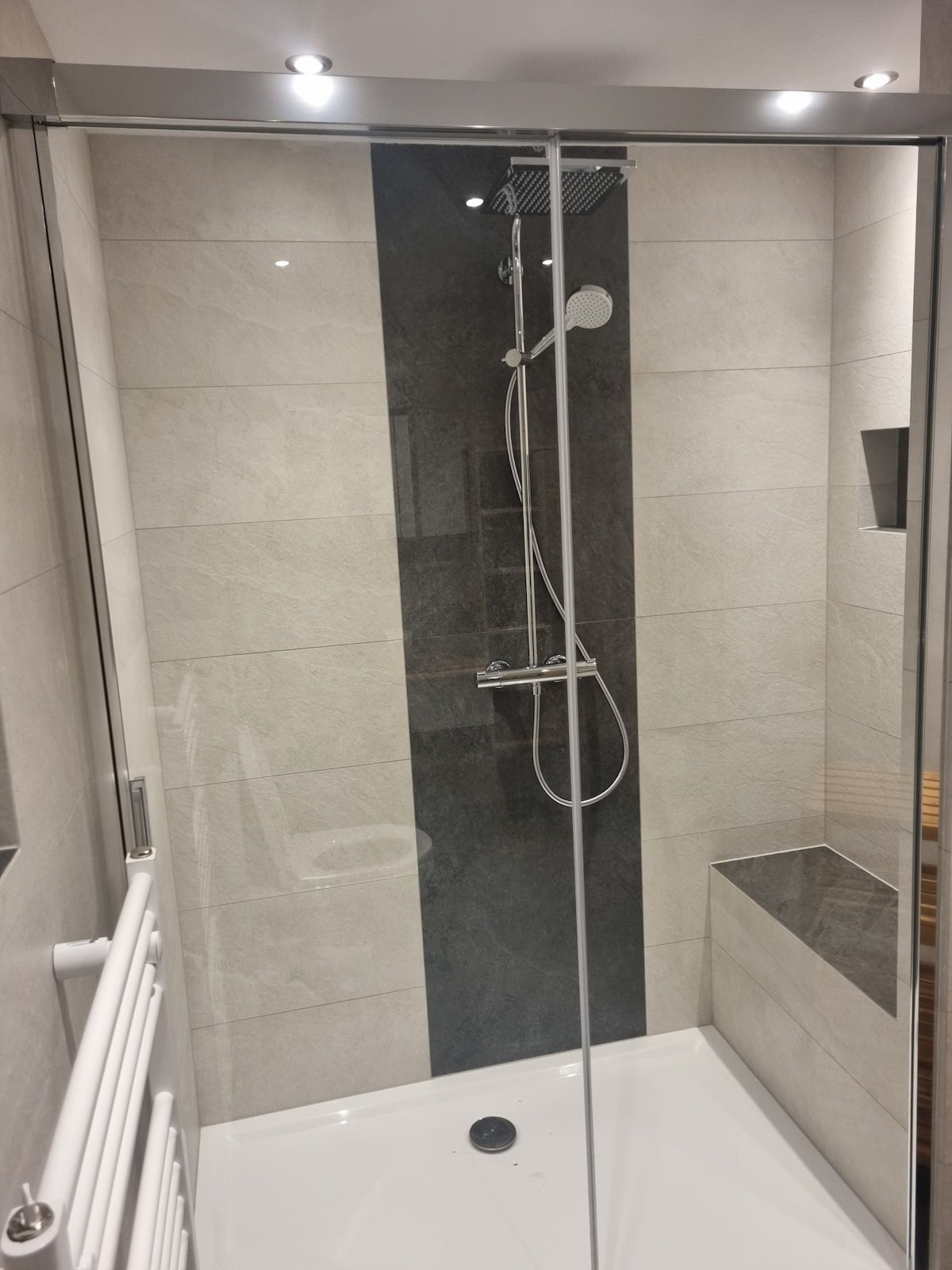 A modern shower space features sleek, neutral tiles with a contrasting dark vertical accent. A glass door encloses the shower area, which is equipped with a rainfall showerhead and handheld shower fixture. A built-in bench offers convenience and comfort.