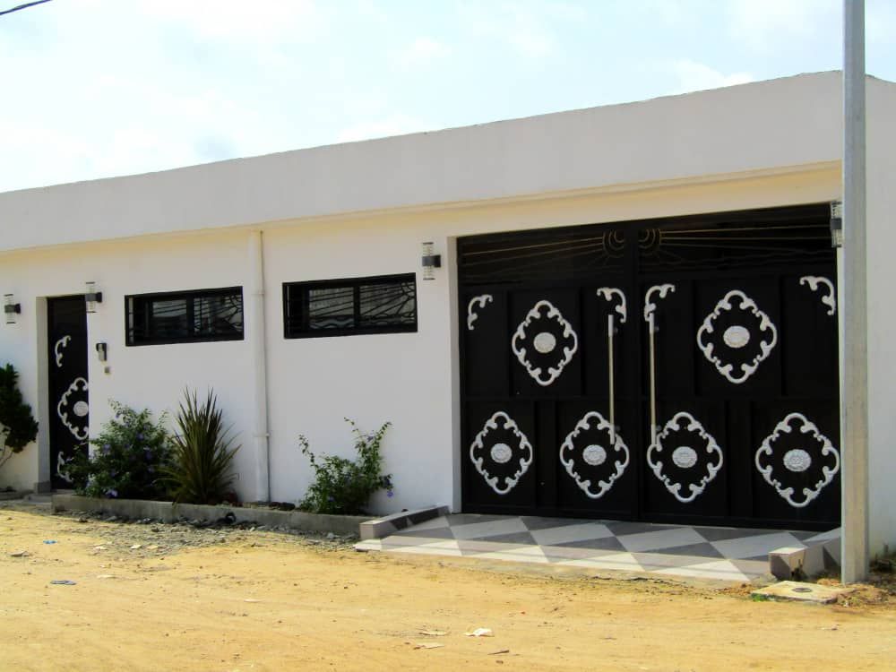 An exterior view of a modern building features a bright white facade with decorative black patterns on the doors. Two windows allow natural light to enter, and minimal landscaping with small plants complements the entrance area.