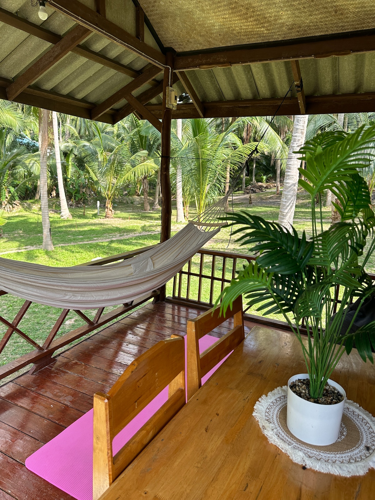 A spacious outdoor area features a hammock suspended between wooden beams, accompanied by two simple benches. A potted plant adds greenery, while soft light filters through the surrounding palm trees, enhancing the tranquil setting of the space.