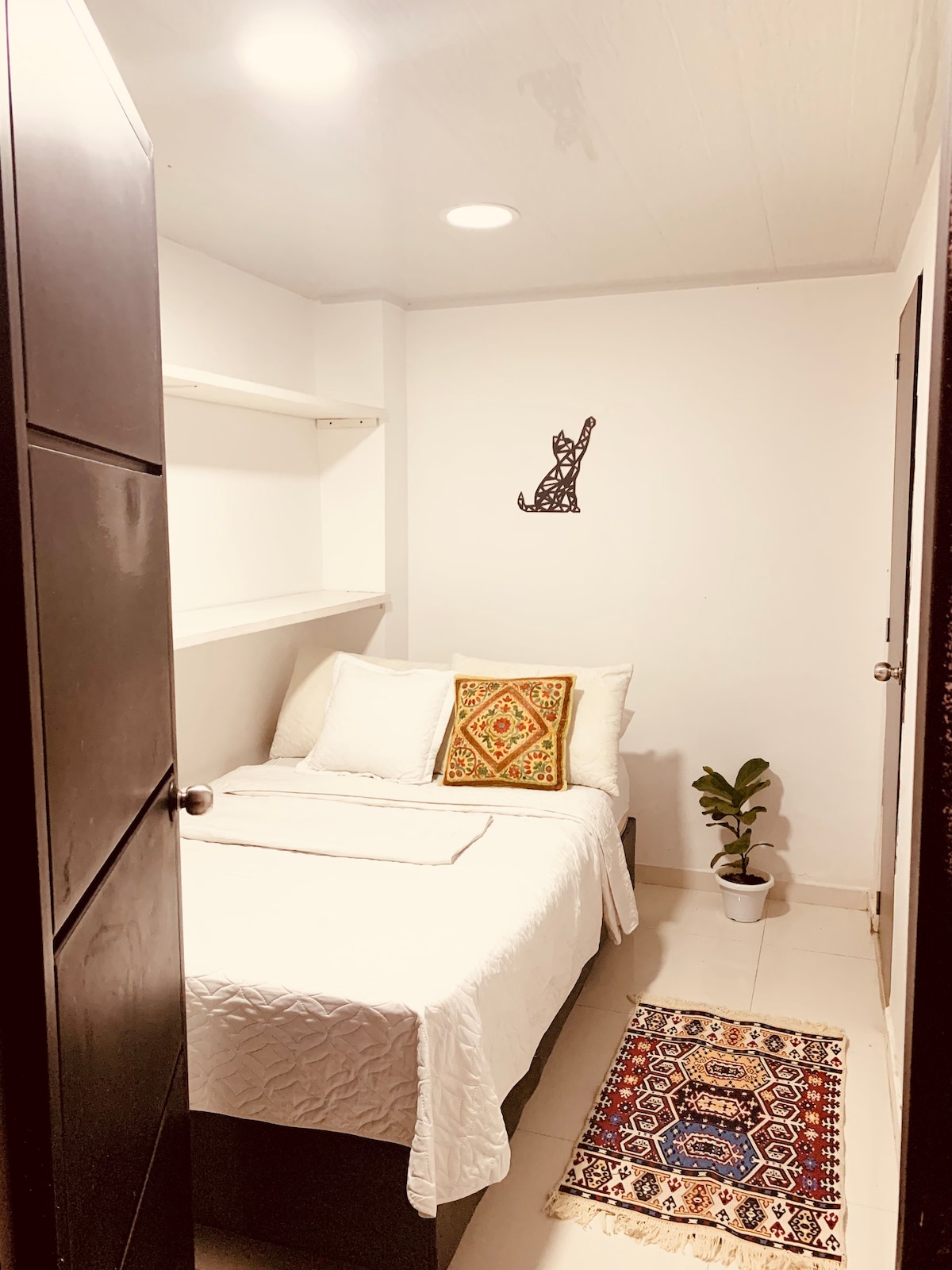 A compact sleeping space features a spacious bed dressed in white linens, accented by patterned cushions. A small plant is positioned beside the bed, and a decorative rug adds color to the floor. Shelving above provides additional storage.