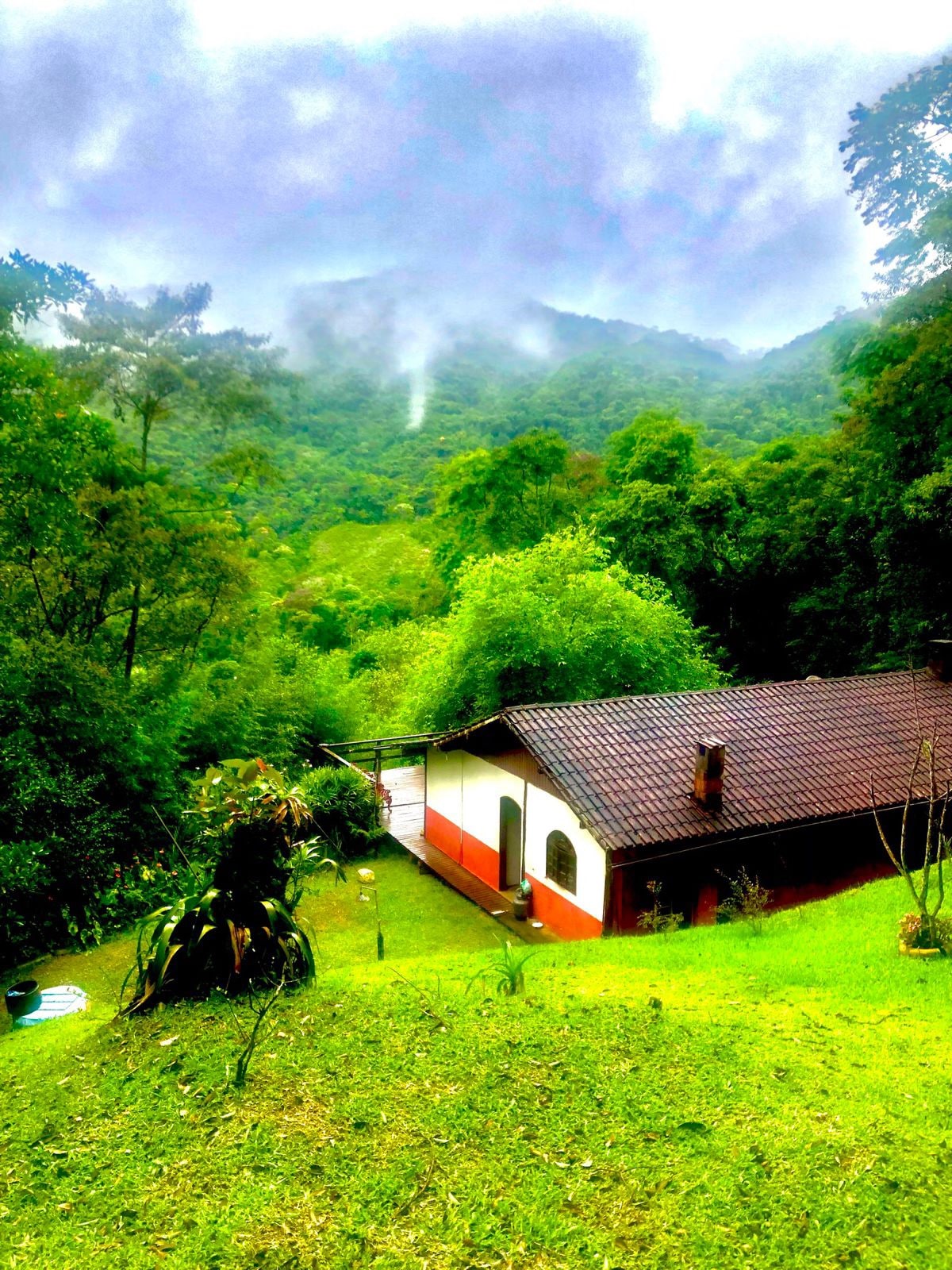 The image showcases a charming lodge nestled within lush green hills, surrounded by dense foliage. The structure features a red and white facade, with a sloped roof and large windows. A serene landscape of trees and misty mountains creates a peaceful atmosphere.