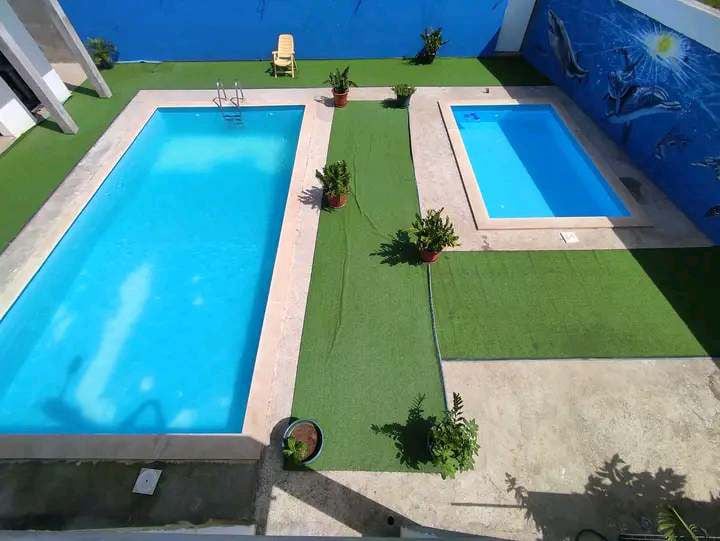 Two swimming pools are surrounded by smooth, green grass and potted plants. One larger pool is rectangular with steps, while the smaller pool is elegantly positioned nearby. A vibrant blue wall mural adds color to the backdrop, enhancing the outdoor relaxation area.