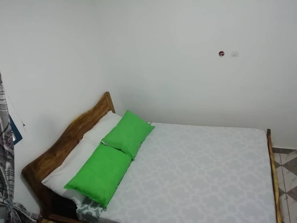 A compact sleeping area features a wooden bed with a patterned white and gray bedding set. Two vibrant green pillows are placed against the headboard, and the room's light-colored walls contribute to a bright and open appearance.