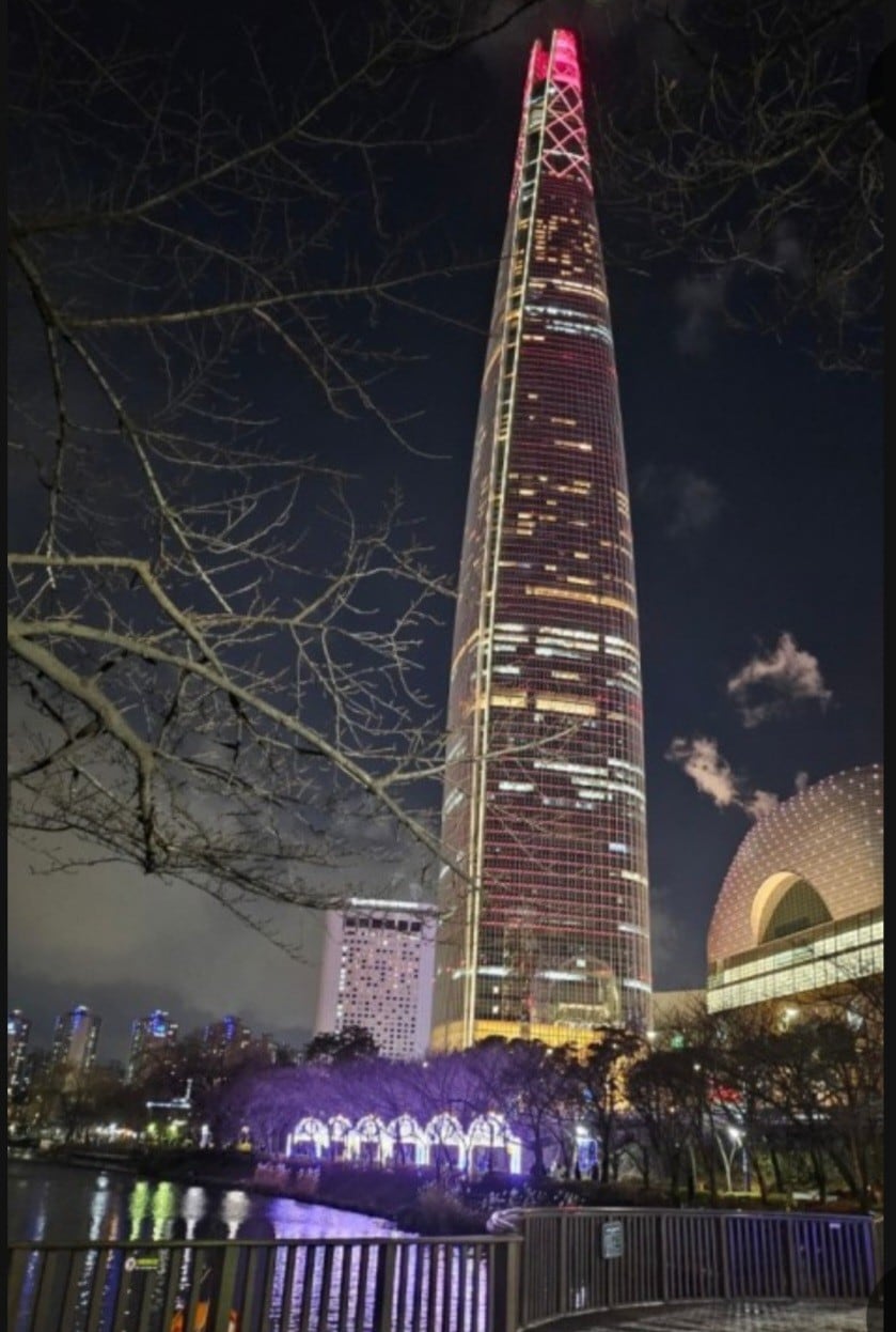 A nighttime view of Lotte Tower, illuminated in vibrant colors. Its tall, sleek structure rises prominently against the night sky. The foreground features a serene body of water reflecting the building's lights, framed by bare tree branches, enhancing the urban atmosphere.
