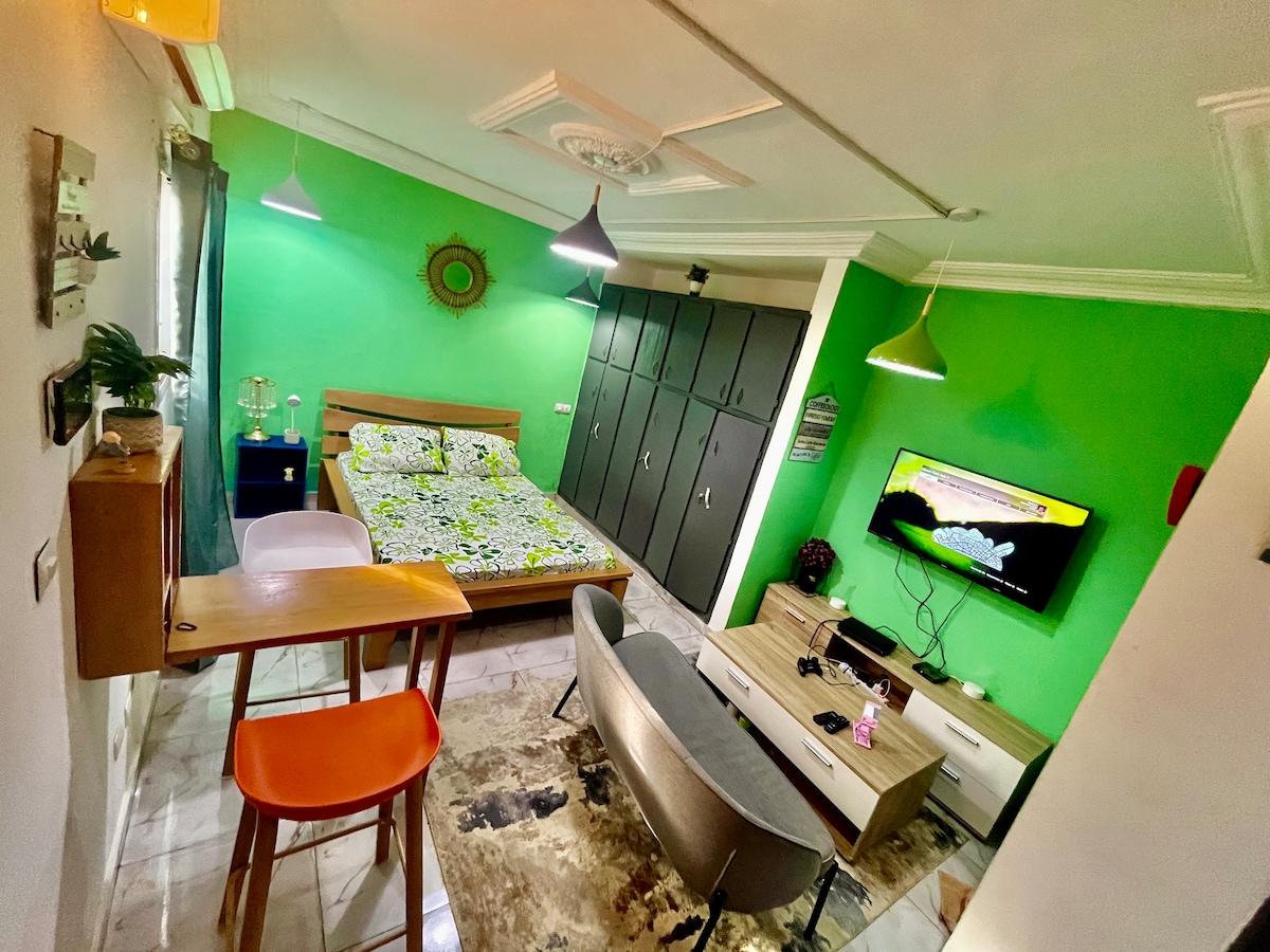 A vibrant room features a spacious bed with a floral-patterned bedspread, complemented by a sleek television mounted on the green accent wall. A compact dining area is present with a small table and orange chairs, while a cozy seating area includes a light gray sofa near the window.