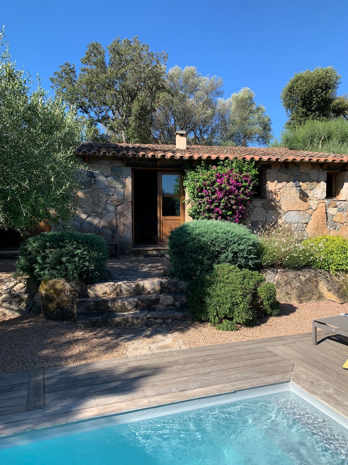 The facade of a rustic stone cottage is framed by vibrant greenery and blooming flowers. Steps lead from a wooden deck beside a private pool to the entrance, with large glass doors allowing natural light to fill the interior spaces.