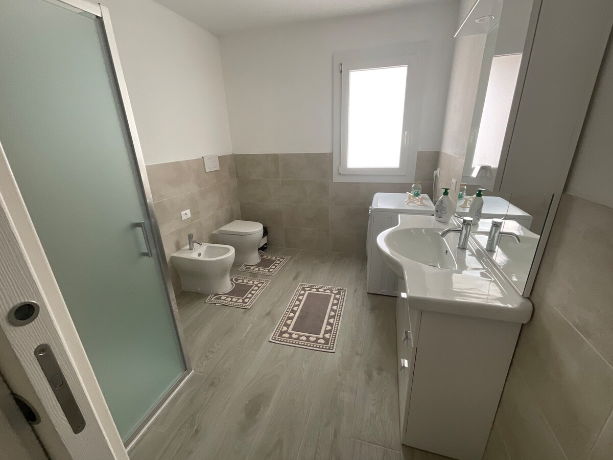 A clean and modern bathroom is presented, featuring a walk-in shower and a bidet. Dual sinks are positioned alongside a mirror, with ample counter space for toiletries. The light-colored walls and tiled floor enhance the room's spaciousness, complemented by a window allowing natural light.
