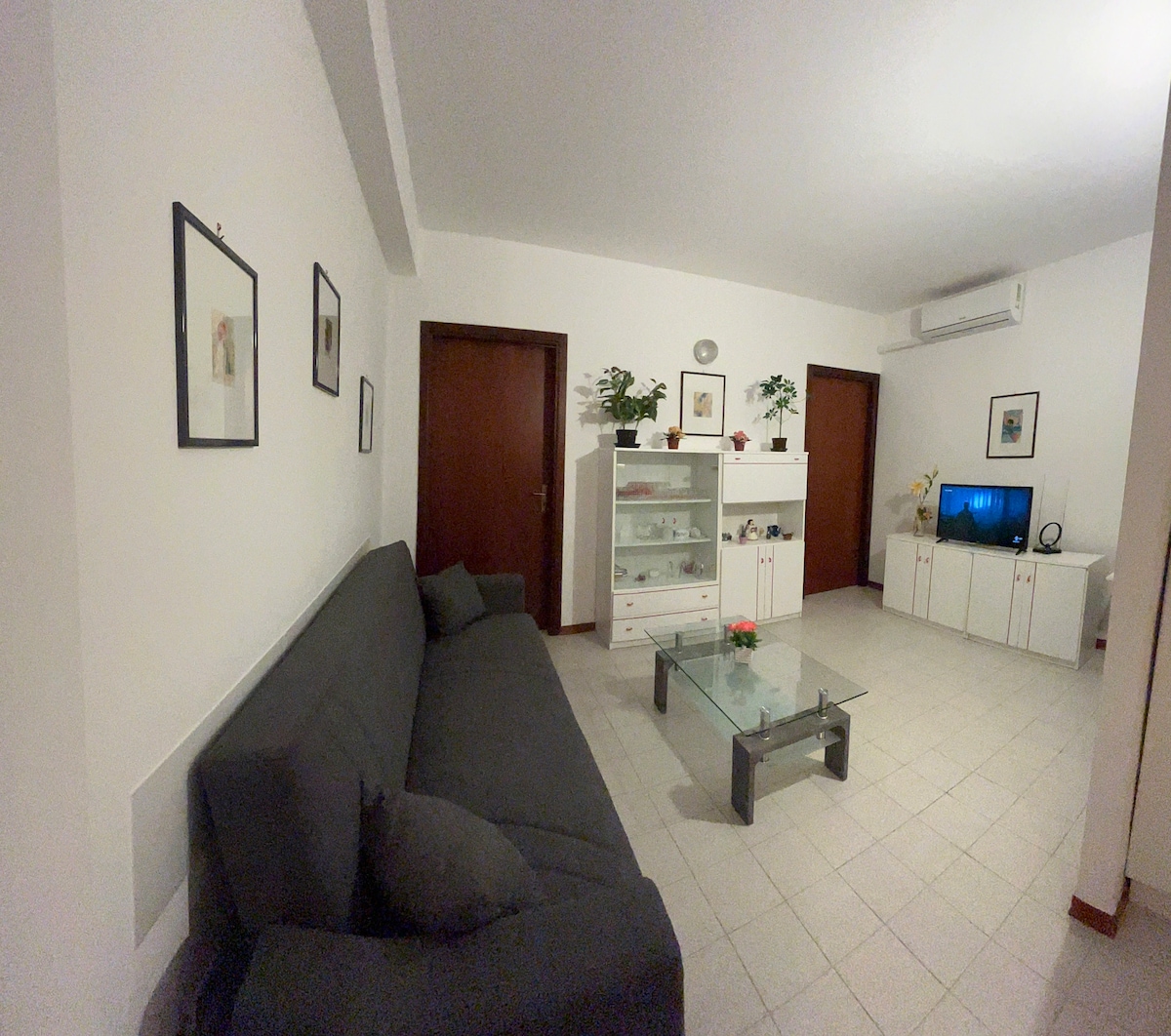 A spacious living room is featured, showcasing a gray sofa, a glass coffee table, and a modern entertainment unit. The light-colored walls are adorned with framed art, and small plants are positioned throughout the space. An air conditioning unit is visible on the wall.