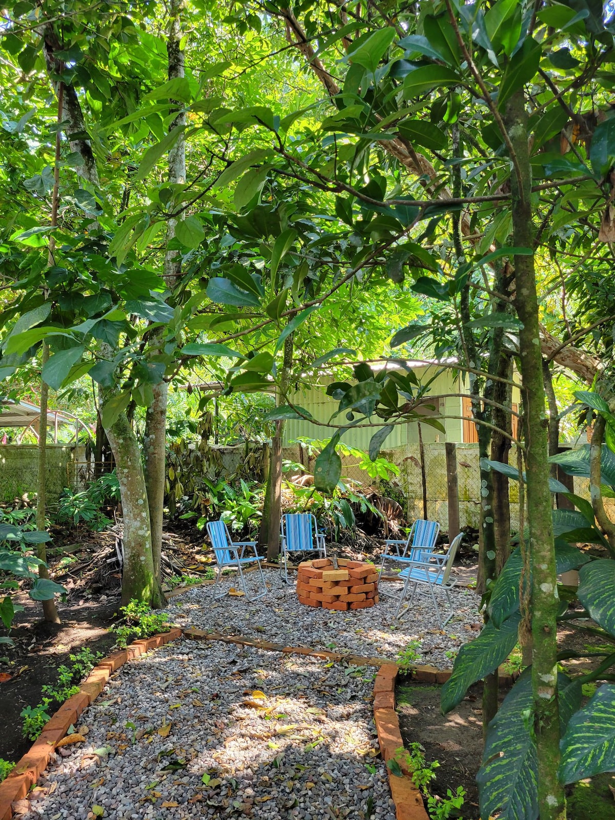 A serene outdoor space features four blue chairs arranged around a circular firepit, surrounded by lush greenery. The ground is covered with gravel and bordered by a rustic brick pathway, providing a calm environment for relaxation.