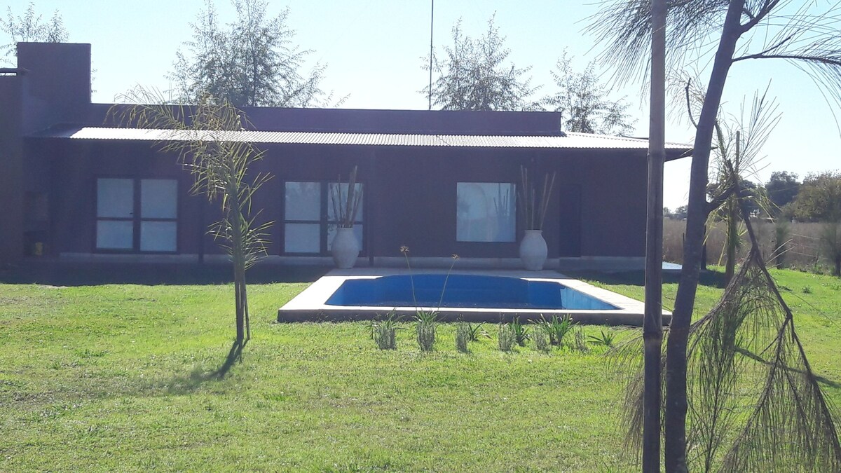 A modern house is visible with a corrugated roof, surrounded by lush green grass. In the foreground, a small pool is framed by decorative plants in white pots, complementing the serene landscape. Large windows reflect natural light, enhancing the spacious exterior.
