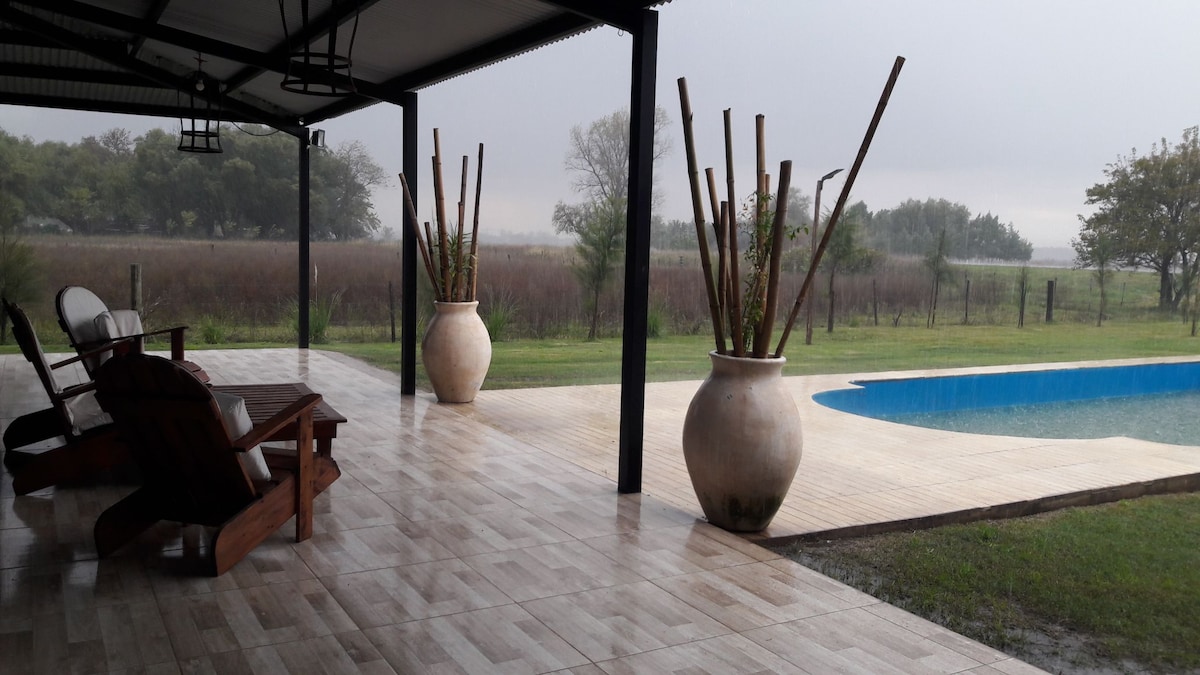 A spacious outdoor patio area features wooden lounge chairs positioned under a covered roof. Two large pottery planters accent the space, each containing tall bamboo plants. Beyond the patio, lush green grass leads to a clear blue pool, while a serene landscape is visible in the background.