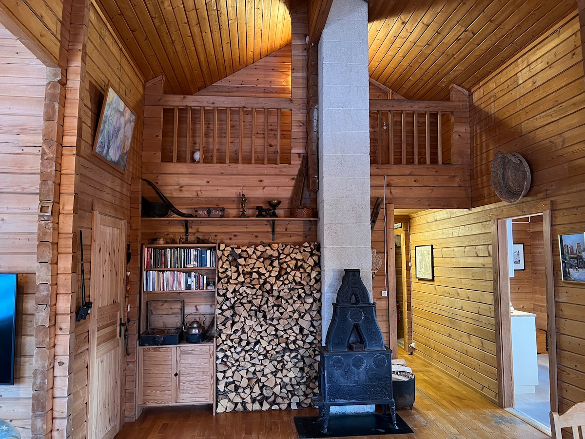 A wooden interior showcases a high ceiling with exposed beams. A cozy wood-burning stove is positioned against the wall, surrounded by neatly stacked firewood. Shelves display books and decorative items, while natural light filters through the windows, enhancing the warm atmosphere.