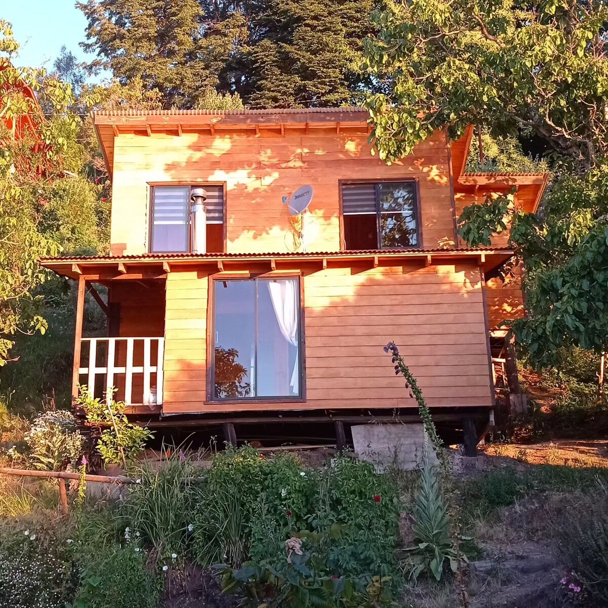 A two-story wooden cabin is surrounded by greenery, featuring large windows that allow natural light to fill the interior. A porch with railing is visible at the front, enhancing outdoor accessibility. The landscape includes diverse plants and flowers in the foreground.
