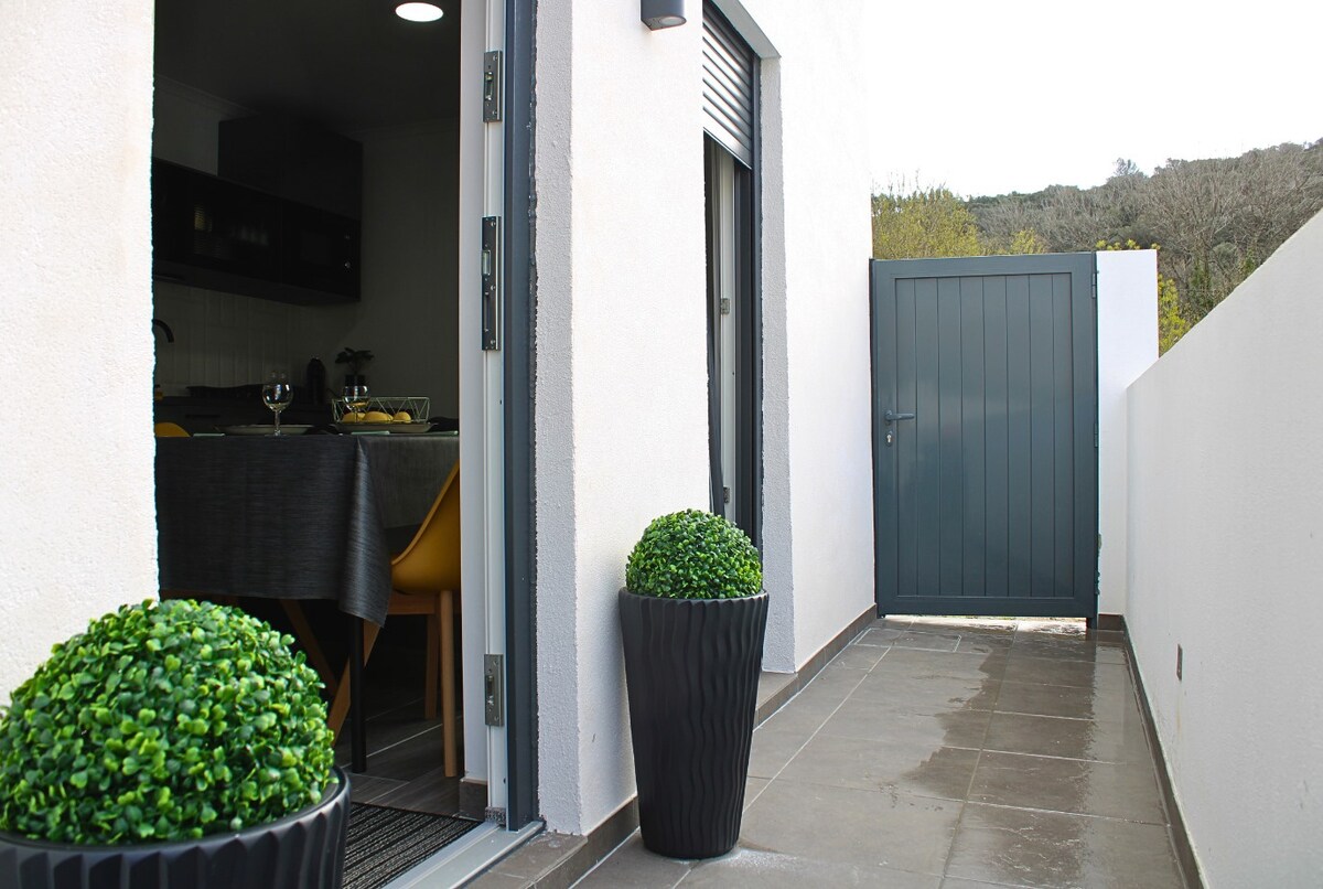 A patio area features a sleek, tiled floor bordered by two decorative planters with lush green spheres. The doorway leads into an inviting dining space, with soft lighting visible through the open entrance. A modern gate offers access to the exterior.
