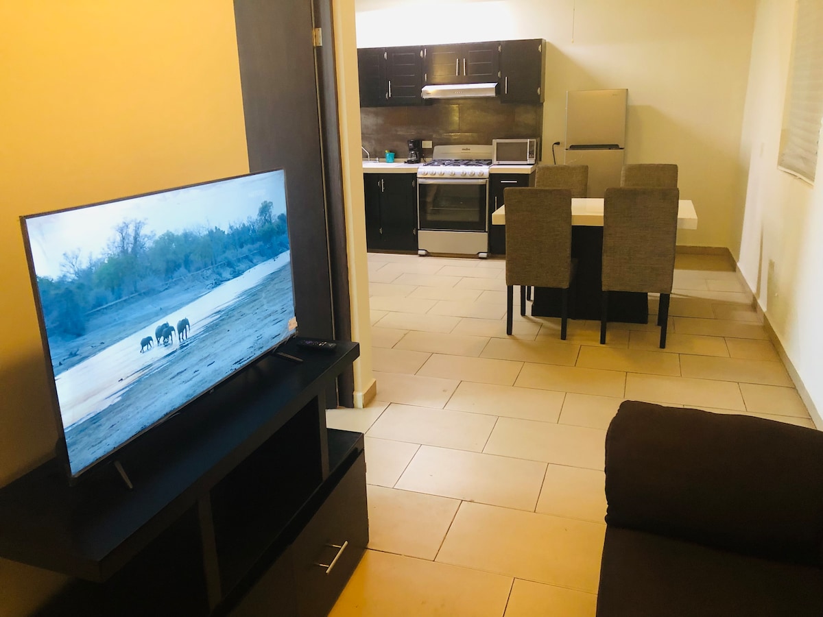 A living area is shown, featuring a television displaying a nature scene. In the background, a kitchen with modern appliances, including a stove and refrigerator, is visible. A dining table with four chairs is set against a simple backdrop, complemented by a sofa in the foreground.