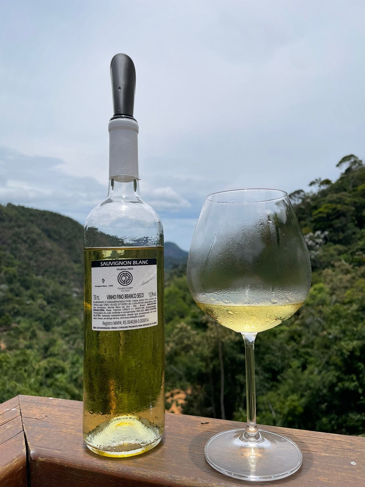 A bottle of Sauvignon Blanc is positioned beside a glass filled with the wine, overlooking a lush green landscape. The distant mountains and a cloudy sky are visible in the background, creating a serene setting.