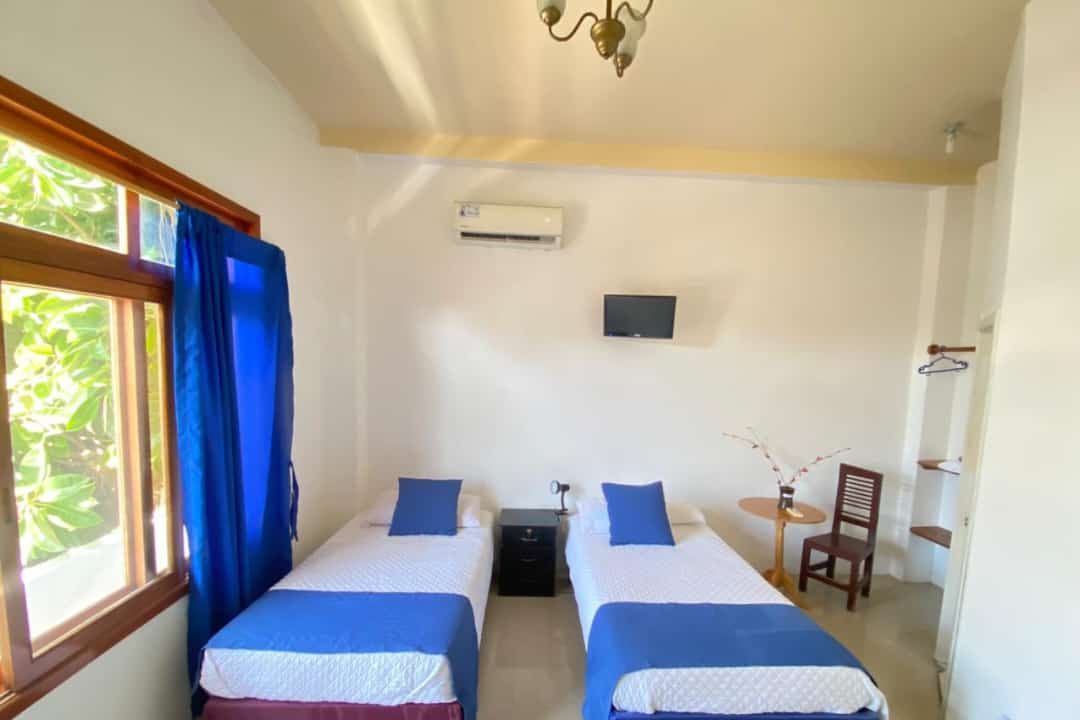 A well-lit room features two twin beds dressed in white linens with blue accents. A small bedside table is positioned between the beds, and a wooden chair is located near a closet. Natural light enters through large windows framed by blue curtains.