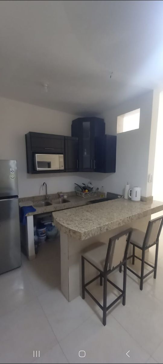 A modern kitchen features dark cabinetry paired with a light granite countertop. Stainless steel appliances include a refrigerator and microwave. A small sink is positioned beside an array of kitchen utensils. Two bar stools provide seating at the counter, enhancing the functionality of the space.