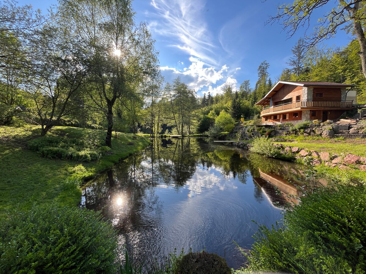 The serene landscape features a tranquil pond reflecting the blue sky and surrounding greenery. A chalet sits elevated on the right, surrounded by lush trees and colorful flowers, creating an inviting outdoor space.