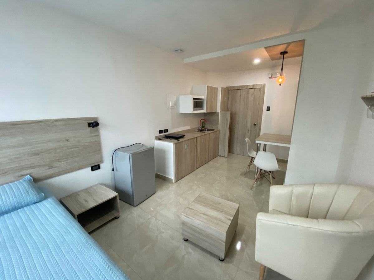 A minimalist studio features light-colored walls and tiled flooring. A spacious bed is accompanied by a small side table and a beige armchair. A kitchenette with essential appliances is visible, along with a dining table and a few chairs, creating a functional living space.