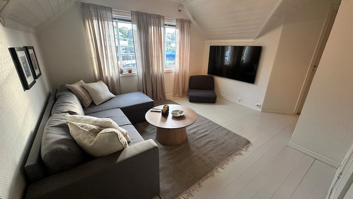Sala de estar tipo loft con TV de 65 pulgadas, sofá cama de 150 cm y sillón para dormir con colchón superior.