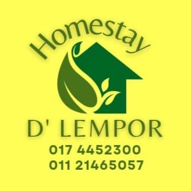 The image features a logo for 'Homestay D' Lempur,' displayed on a bright yellow background. The logo includes an abstract house design with green elements symbolizing nature, along with contact numbers presented prominently in a bold, simple font.