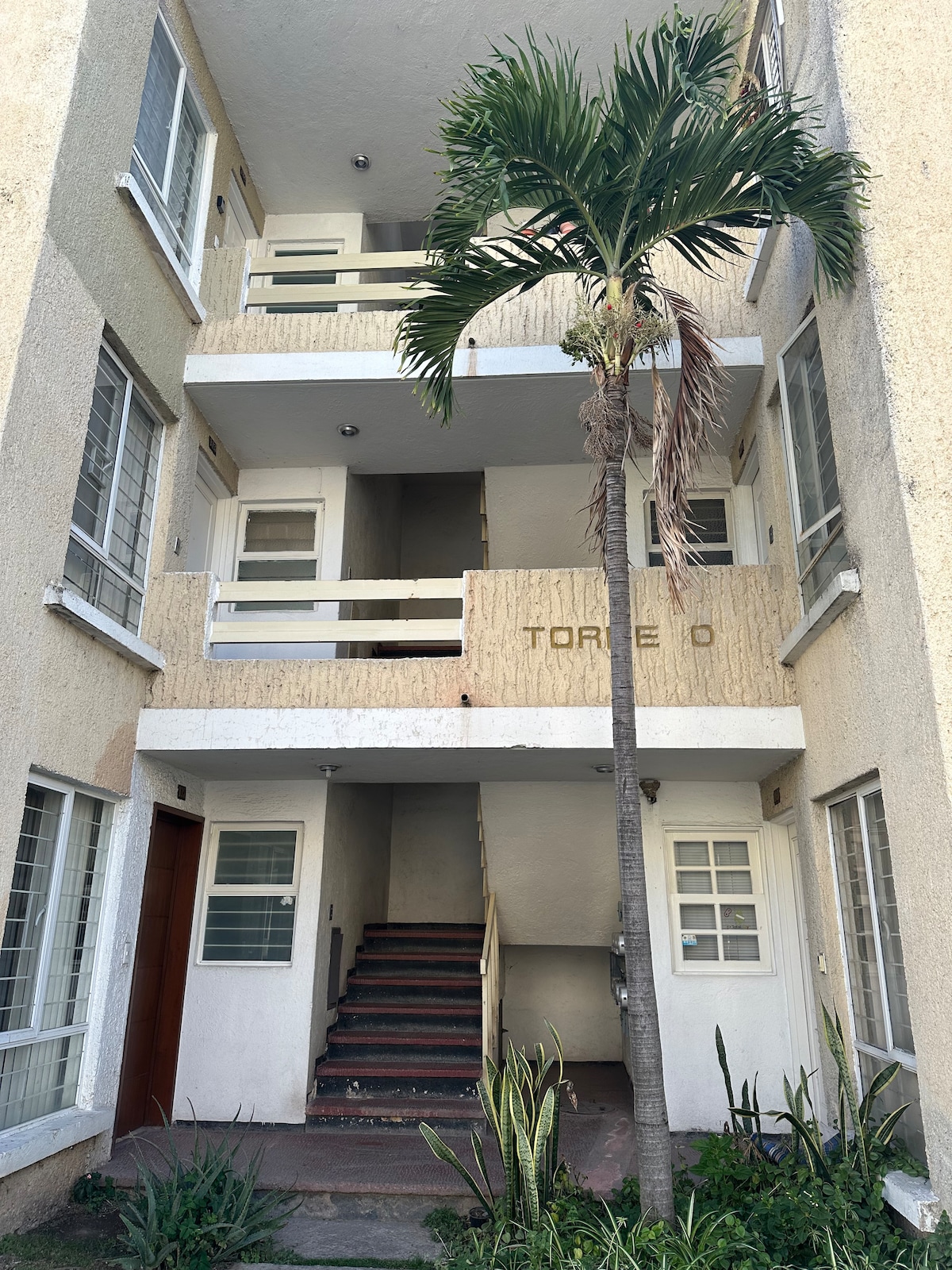 The exterior of a three-story building is depicted, featuring a simple façade with light-colored walls. A palm tree stands to the side of the entrance, and a set of stairs leads to the upper levels. The proximity of windows gives the area an open, airy feel.