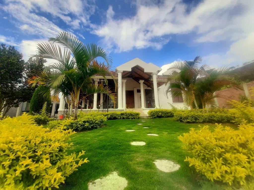 A welcoming exterior view features a charming house surrounded by lush greenery. Tropical plants and vibrant yellow shrubs line a stone pathway leading to the entrance. The blue sky provides a stunning backdrop to the well-maintained landscaping and architectural details.