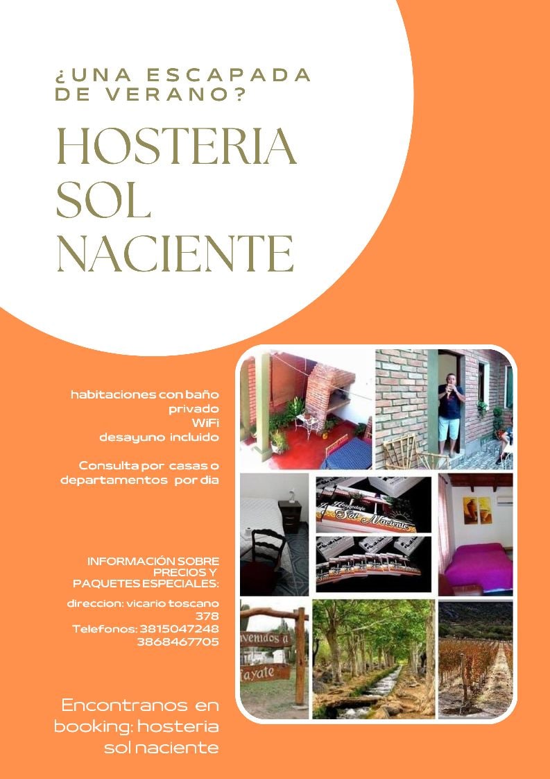 A promotional flyer displays images showcasing the cozy rooms with private bathrooms, a common dining area featuring breakfast options, and green outdoor spaces. The contact information and additional details highlight the inviting atmosphere of the establishment.