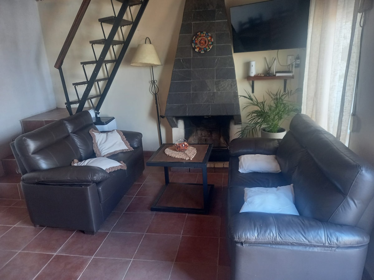 A living area is presented with two comfortable leather sofas arranged around a central coffee table. A stone fireplace serves as a focal point, with a television mounted above. Natural light filters through nearby curtains, highlighting a potted plant in the corner.
