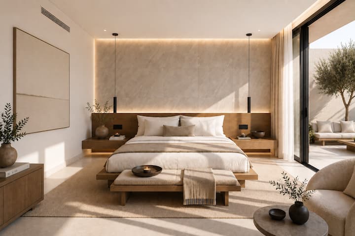 Bedroom 4 – Part of The One Villa’s new Lower Level, available for stays from 2027. A serene bedroom with warm natural tones, premium bedding and soft natural light, designed as a peaceful private retreat.