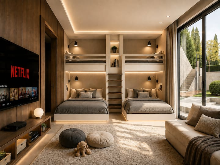 Bedroom 5 - Part of The One Villa’s new Lower Level, available for stays from 2027. A beautifully designed kids’ bedroom sleeping up to seven children, combining playful comfort with the villa’s refined aesthetic.