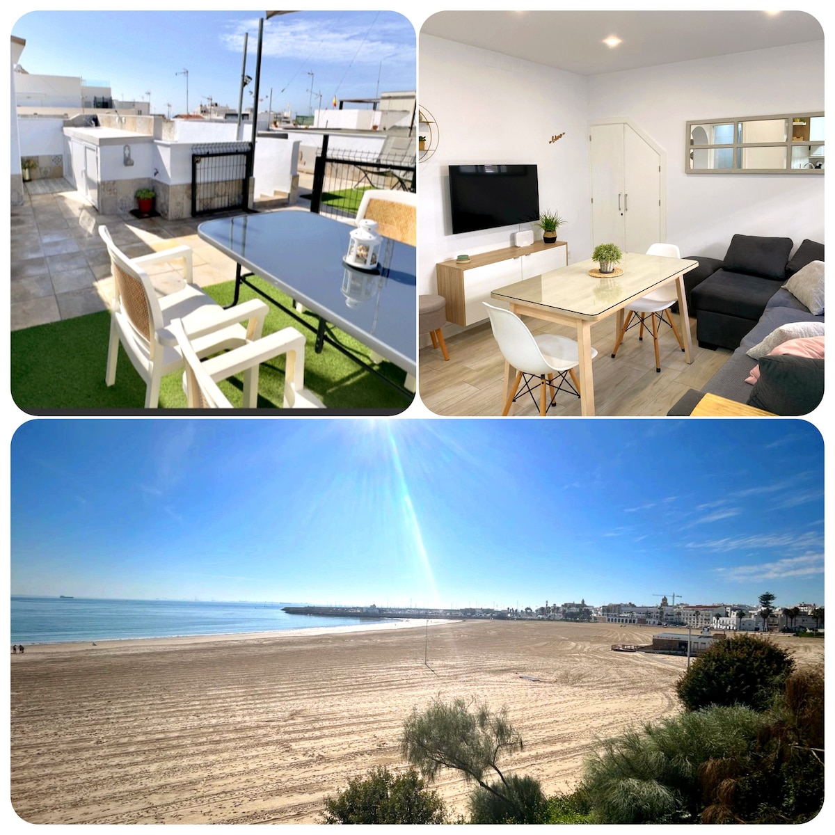 A spacious rooftop terrace is depicted, featuring a glass dining table surrounded by light-colored chairs, with a view of the clear sky. The indoor living space shows a combination of a comfortable sofa, a wall-mounted television, and a dining table, offering a bright and inviting atmosphere.