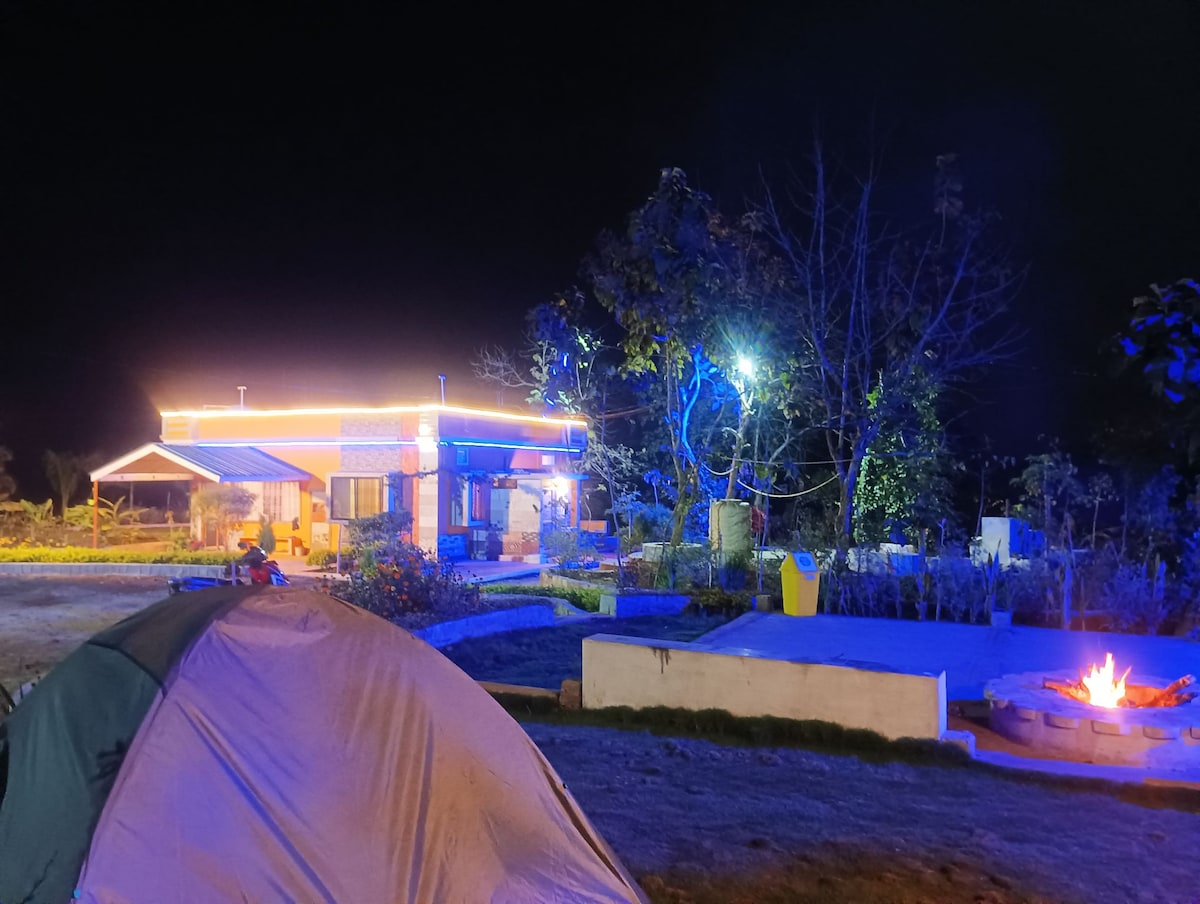 The vibrant property is illuminated by colorful lights, surrounded by trees. A campfire is positioned in a circular stone setup, providing a focal point for outdoor gatherings. A tent is seen in the foreground, suggesting a cozy camping experience amidst the natural landscape.