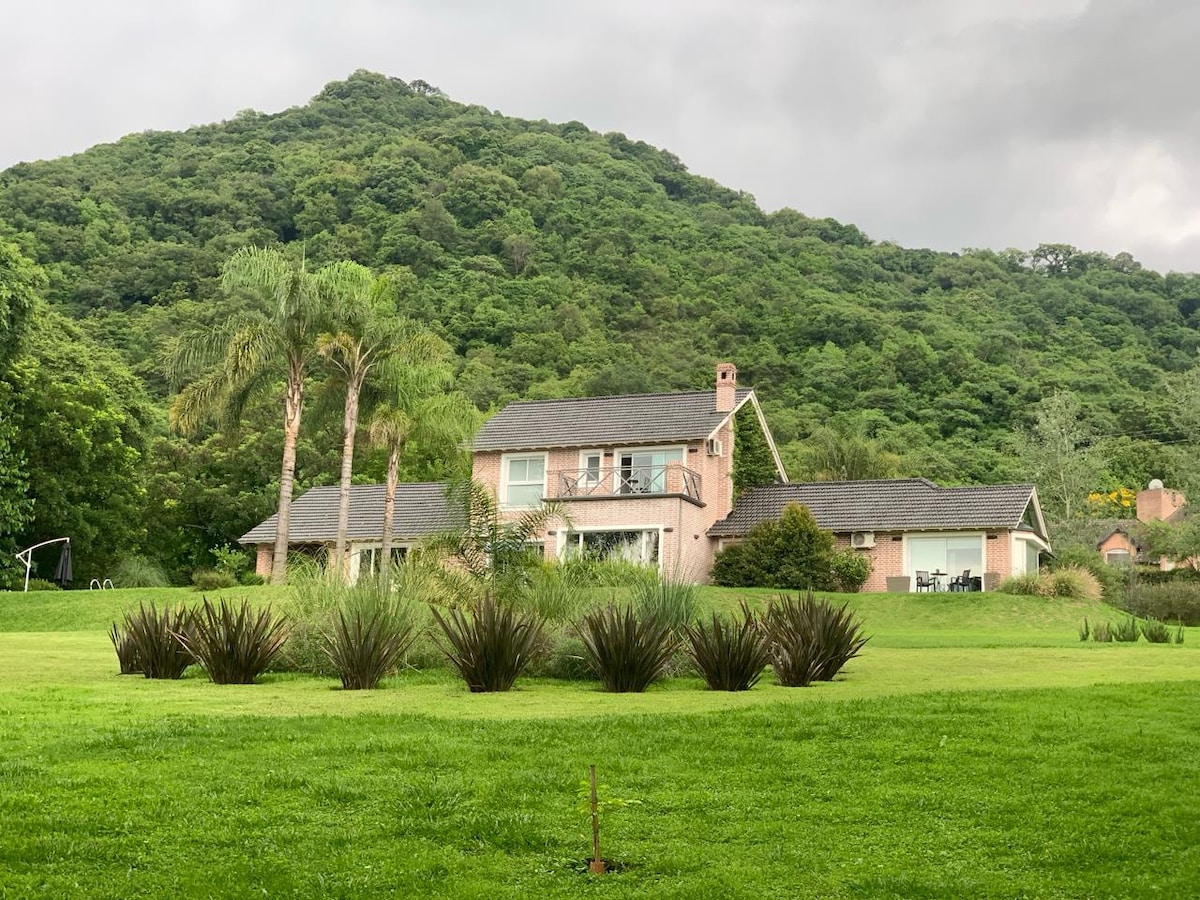 A charming house is nestled against a lush green hillside, surrounded by landscaped gardens. Tall palm trees are positioned in the foreground, complemented by a row of ornamental plants. The home features large windows that reflect the natural setting, creating a sense of tranquility.