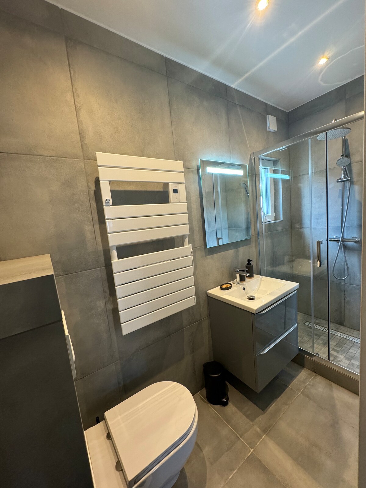 The bathroom features modern grey tiled walls and floor. A glass shower enclosure is visible, equipped with a showerhead. A sleek vanity with a sink and mirror is present, and a heated towel rack is mounted on the wall. Clean, minimalistic design elements are highlighted.