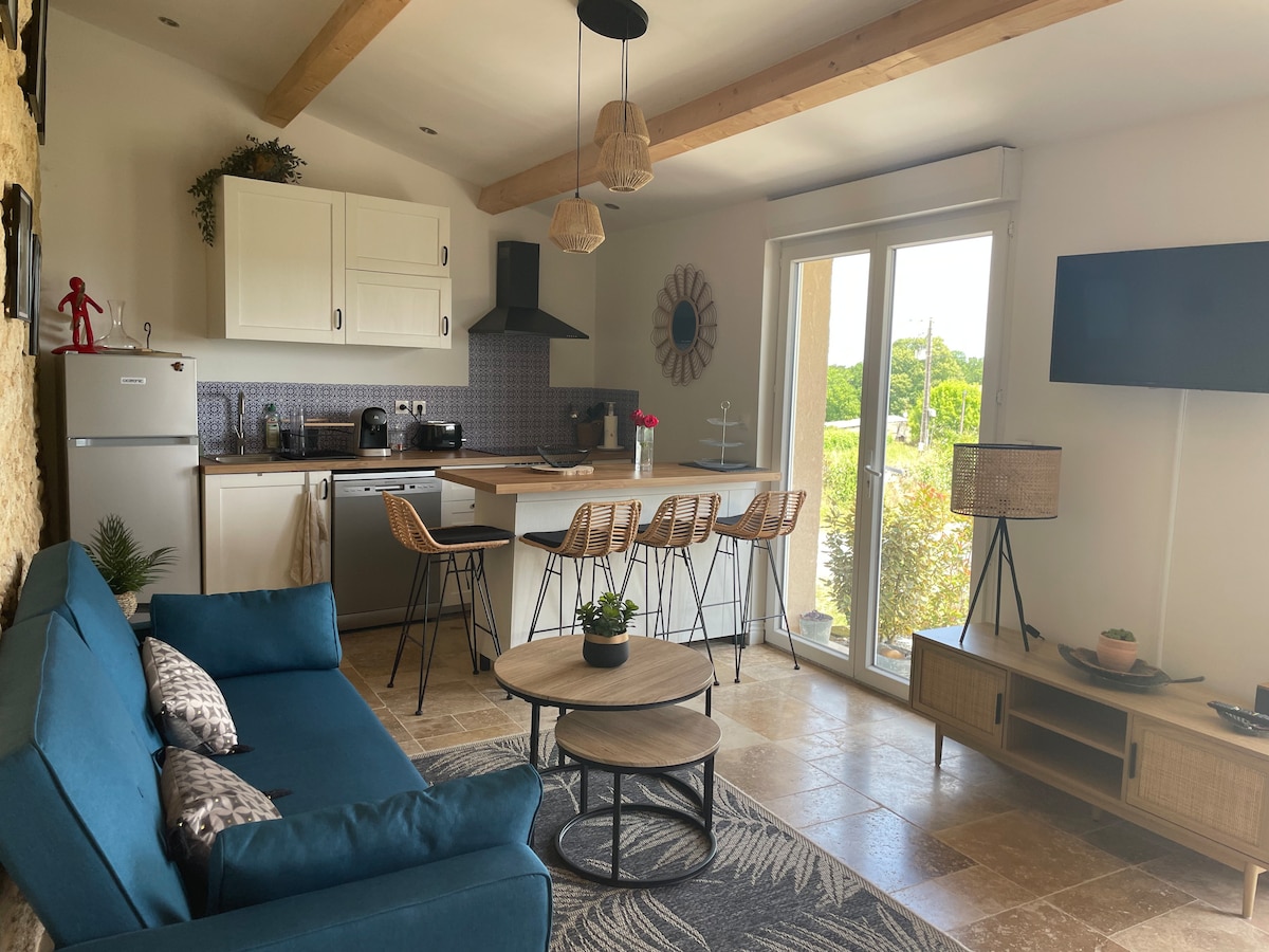 The open-plan living area features a modern kitchenette with stainless steel appliances and a dining table with five chairs. A teal sofa and round coffee table are positioned beside large sliding glass doors, offering views of the surrounding vineyard.