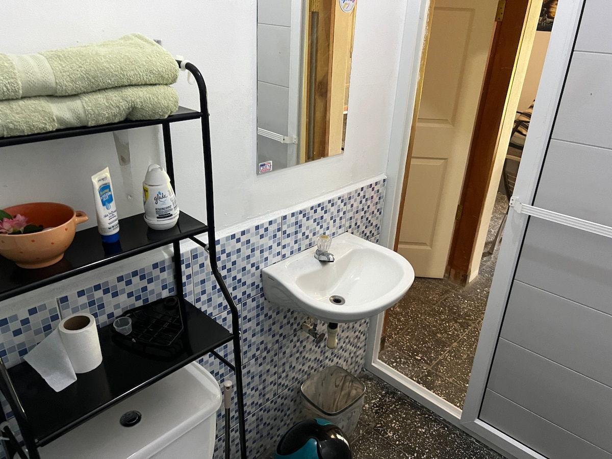 A functional bathroom is shown with a compact sink and a large mirror above it. A set of neatly stacked green towels is placed on a black shelving unit. A toilet paper roll and cleaning supplies sit on a lower shelf, and the door to a private shower area is visible.