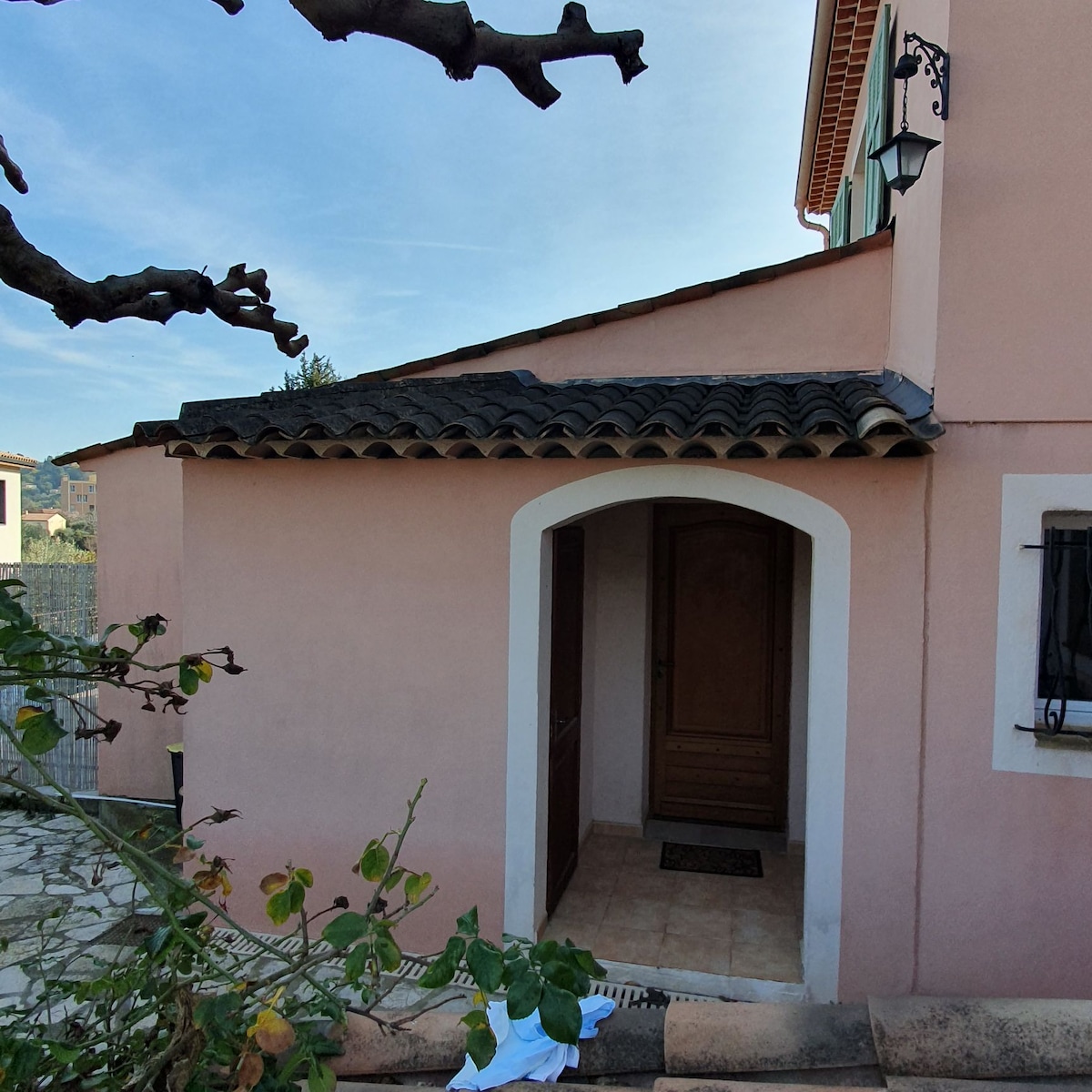 The exterior view showcases a charming entrance with a wooden door framed by a pink façade. The roof features traditional tiles, and a lantern is mounted beside the entrance. A few green leaves from nearby plants add a touch of nature to the setting.