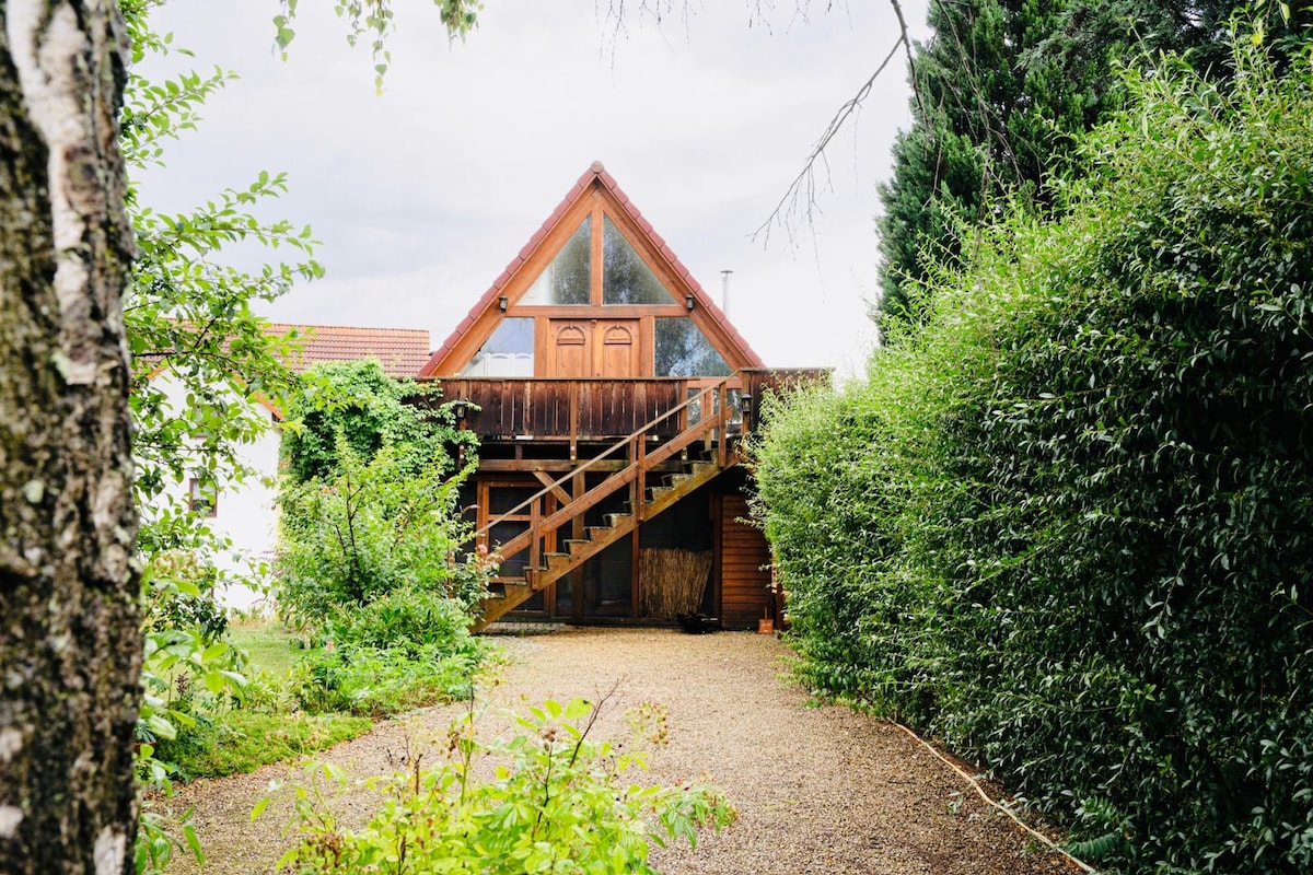 A charming house characterized by a triangular roof and large windows is nestled among lush trees. A gravel path leads up to an inviting entrance with wooden stairs. Surrounding greenery offers a sense of privacy and tranquility.