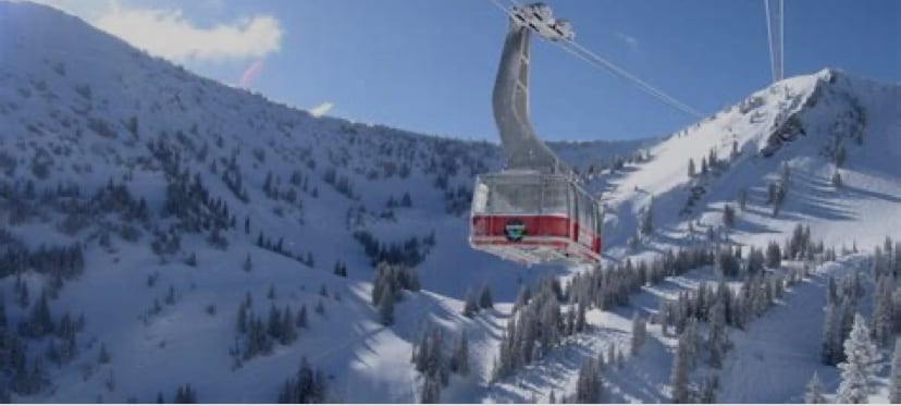 A gondola is suspended above a snowy landscape, with gently sloping mountains covered in a white blanket of snow. Pine trees dot the slopes, creating a serene atmosphere under a clear blue sky.