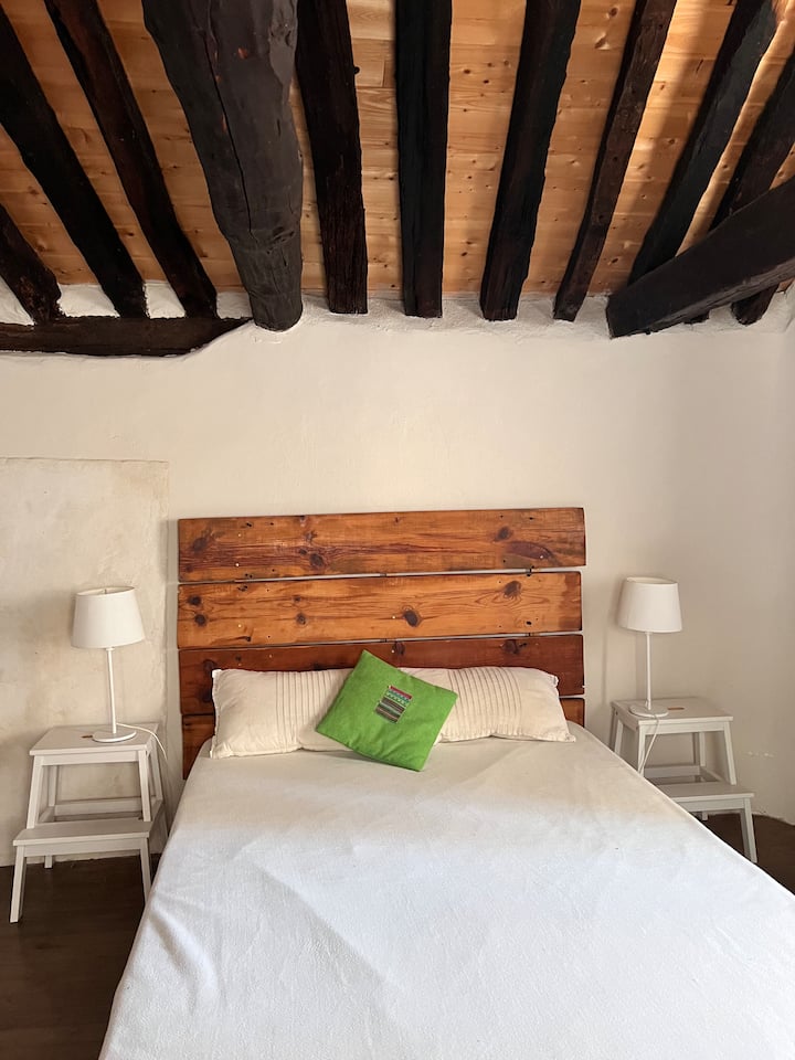 La Mazière村庄，塞文纳斯小屋，塞文纳斯租赁，塞文纳斯度假，"sous la vigne"小屋，带泳池景观的卧室